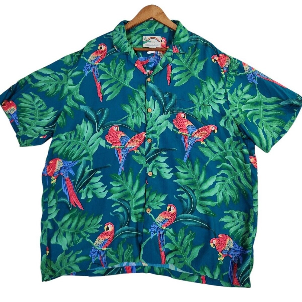Vintage Paradise Found Hawaiian Shirt Men's XL Green Rayon Parrot Tropical Macaw